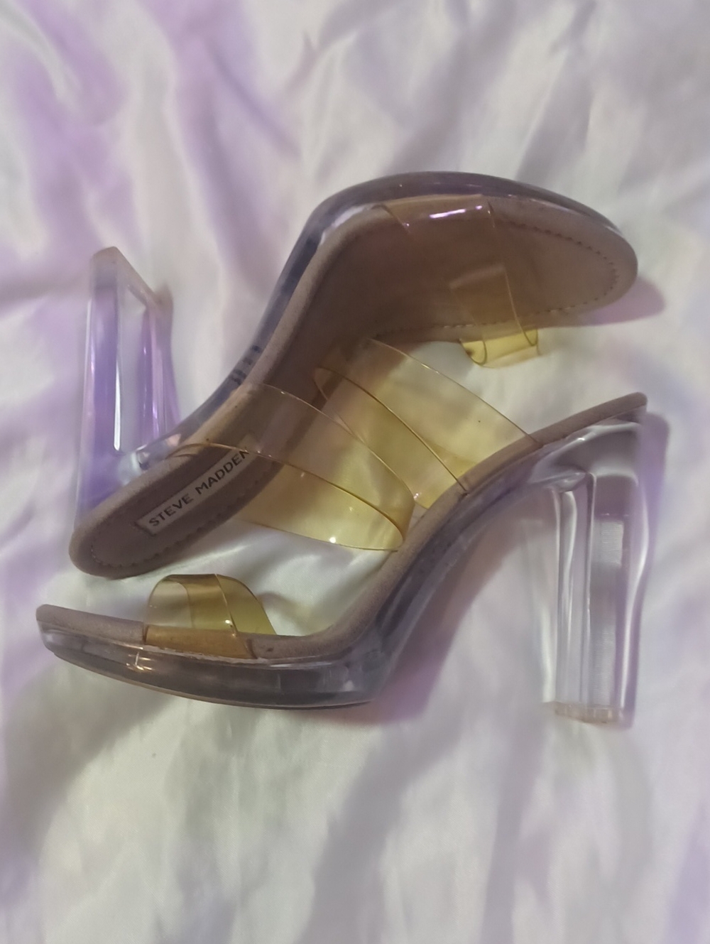 Steve Madden Clear PVC Block Heel Slide Sandals - Transparent/Nude Size.8